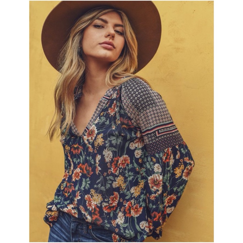 bohemian boho gypsy floral print navy long sleeve
